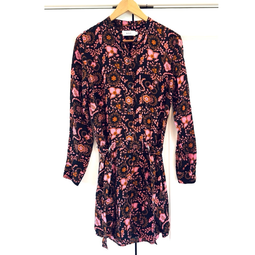 ALC 100% Silk Dress Printed Shirt Dress Floral Long Sleeve Shift Belted Size 2